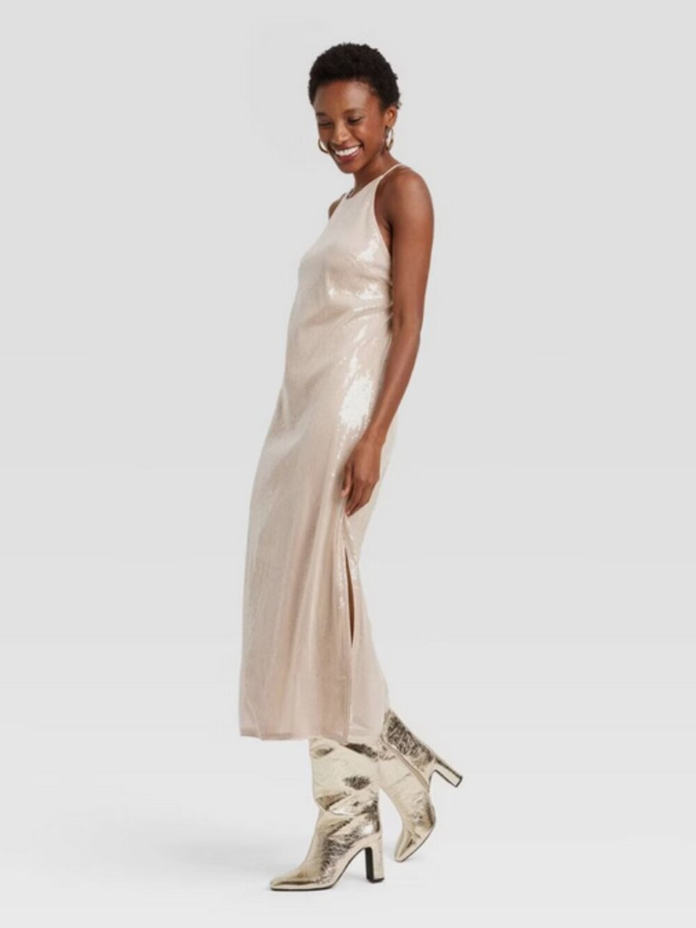 Women's Sequin Midi A-Line Dress Halter Neckline Side Slit - A New Day Tan S
